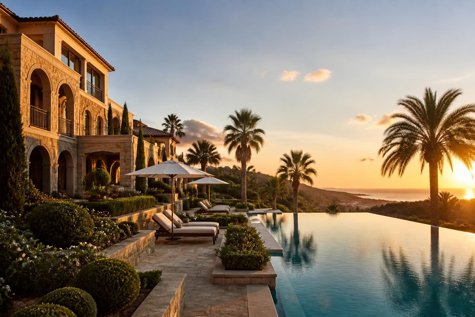 Luxury Mediterranean hotel with infinity pool overlooking the sea at golden hour